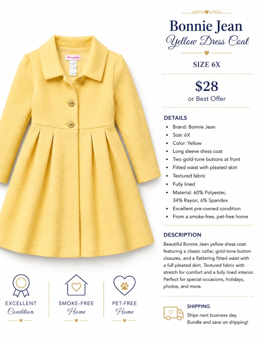 Bonnie Jean Yellow Pleated Dress Coat - Girls 6X
